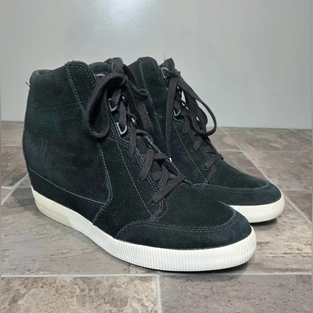 SOREL OUT 'N ABOUT SUEDE HIGH TOP WEDGE SNEAKERS.